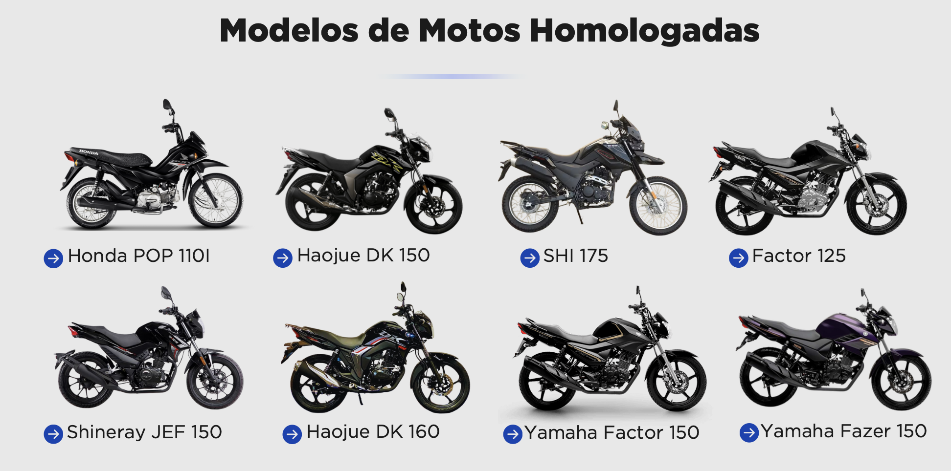 Modelos de Motos Homologadas - Honda POP 110I, Haojue DK 150, SHI 175, Factor 125, JEF 150, DK 160, Factor 150, Fazer 150